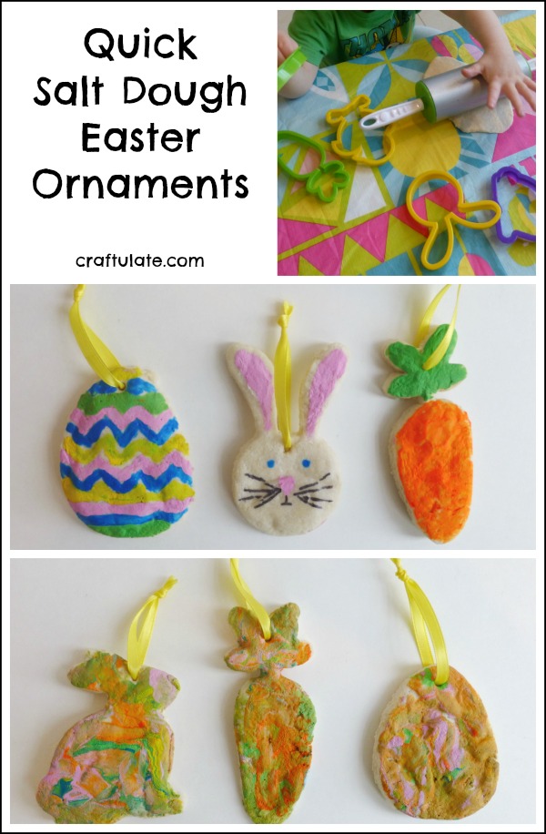 Salt Dough Easter Eggs that are painted to look like easter eggs, easter bunnies, and carrots.