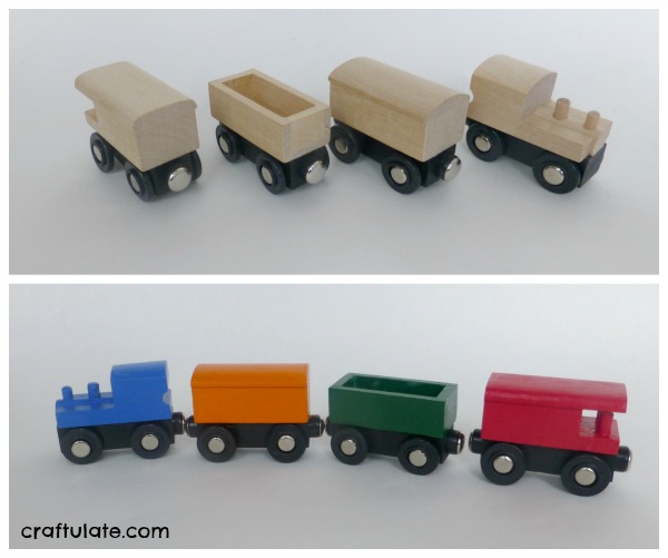 unpainted wooden trains